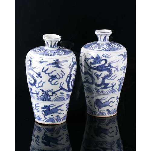 73A - A pair of Chinese blue & white Meiping, Ming dynasty, Wanli period, the shoulder painted with symbol... 