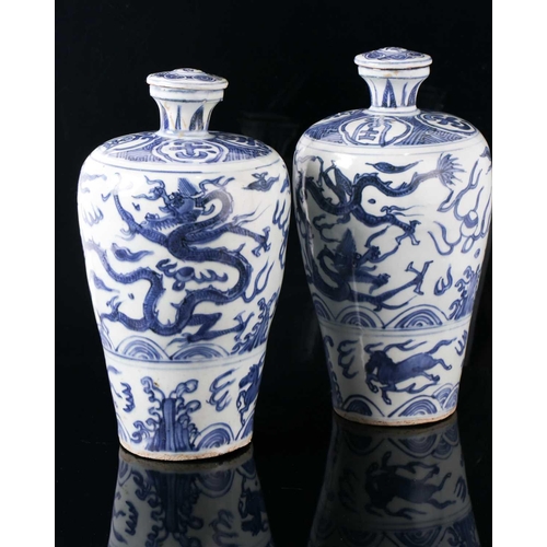 73A - A pair of Chinese blue & white Meiping, Ming dynasty, Wanli period, the shoulder painted with symbol... 