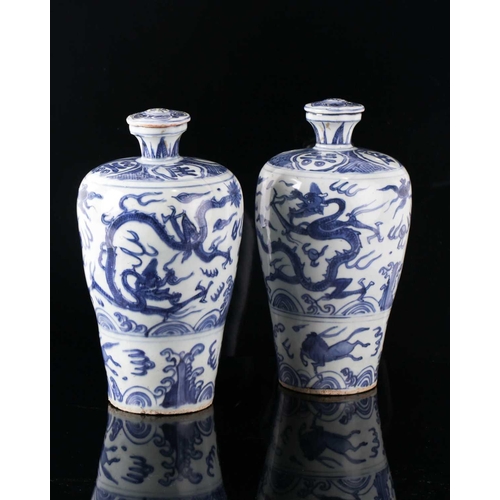 73A - A pair of Chinese blue & white Meiping, Ming dynasty, Wanli period, the shoulder painted with symbol... 