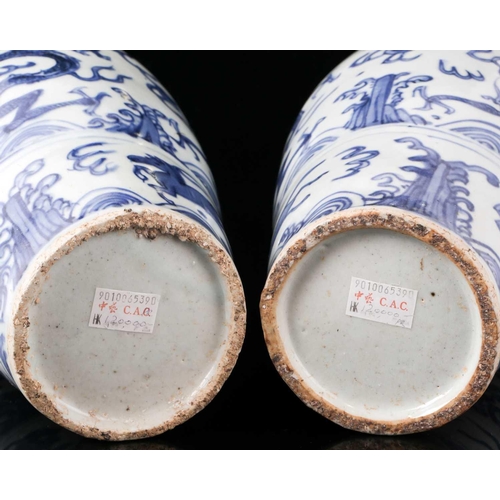 73A - A pair of Chinese blue & white Meiping, Ming dynasty, Wanli period, the shoulder painted with symbol... 