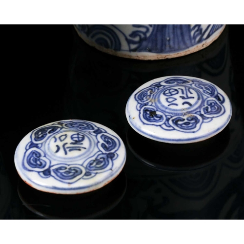 73A - A pair of Chinese blue & white Meiping, Ming dynasty, Wanli period, the shoulder painted with symbol... 