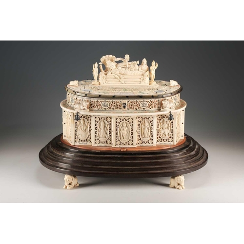 76 - An impressive Indian ivory casket, 19th century, the hinged cover mounted with a recumbent Lord Vish... 