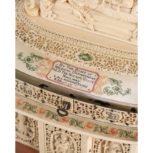 76 - An impressive Indian ivory casket, 19th century, the hinged cover mounted with a recumbent Lord Vish... 