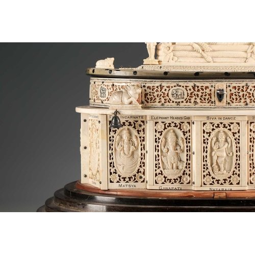 76 - An impressive Indian ivory casket, 19th century, the hinged cover mounted with a recumbent Lord Vish... 