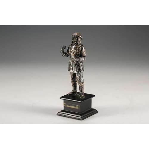 78 - A Japanese silver figure of a Samurai warrior, Meiji period, standing in full armour, the helmet and... 