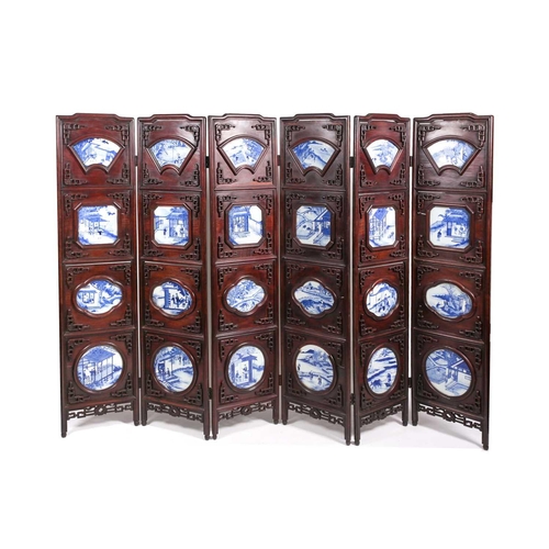 81 - A Chinese six panel hongmu folding room divider with blue & white panels, Qing, 19th century, the se... 