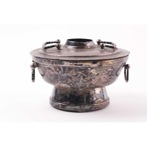 84 - A Chinese silver coloured hot pot, Qing, early 20th century, the cover and base engraved with two du... 