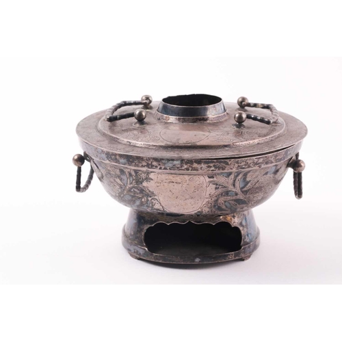 84 - A Chinese silver coloured hot pot, Qing, early 20th century, the cover and base engraved with two du... 