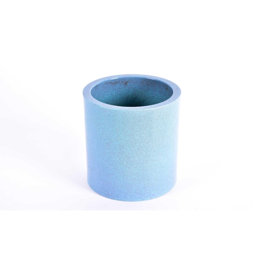 90 - A Chinese Robin's egg glaze Bitong, of cylindrical form, 13cm high, 12.7cm dia, on wood stand