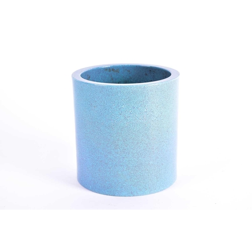 90 - A Chinese Robin's egg glaze Bitong, of cylindrical form, 13cm high, 12.7cm dia, on wood stand