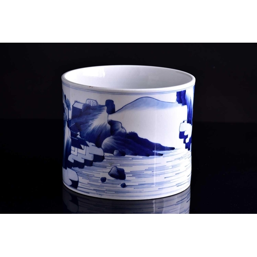 93 - A large Chinese blue & white Kangxi style bitong, of cylindrical form, painted with a landscape of t... 