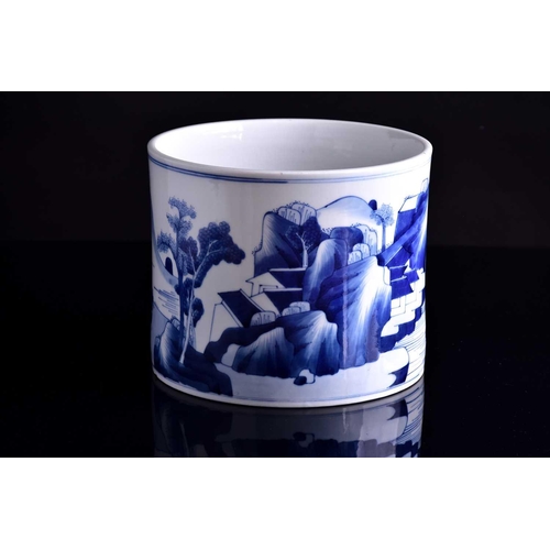 93 - A large Chinese blue & white Kangxi style bitong, of cylindrical form, painted with a landscape of t... 