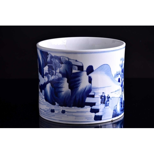 93 - A large Chinese blue & white Kangxi style bitong, of cylindrical form, painted with a landscape of t... 