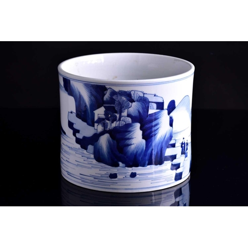 93 - A large Chinese blue & white Kangxi style bitong, of cylindrical form, painted with a landscape of t... 