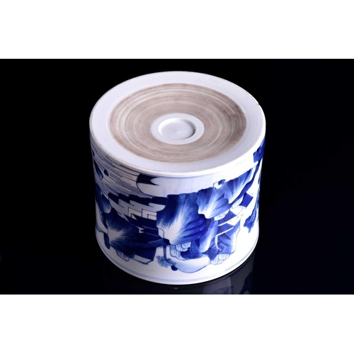 93 - A large Chinese blue & white Kangxi style bitong, of cylindrical form, painted with a landscape of t... 