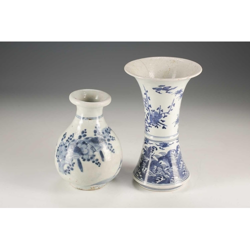 94 - A Japanese blue & white vase, Edo, mid 17th century, the folded over rim above birds in blossoming p... 