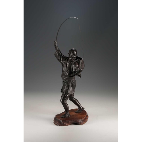 97 - A Japanese bronze fisherman signed Atsuyoshi, standing with a joyous expression upon his face, a fis... 