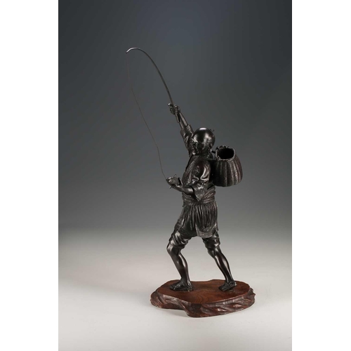 97 - A Japanese bronze fisherman signed Atsuyoshi, standing with a joyous expression upon his face, a fis... 