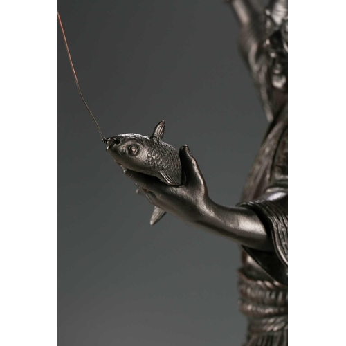 97 - A Japanese bronze fisherman signed Atsuyoshi, standing with a joyous expression upon his face, a fis... 