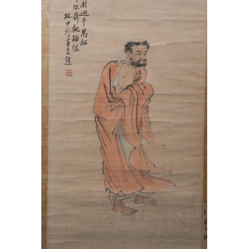 98 - A Chinese watercolour on paper of Bodhidharma, early 20th century, standing in a long flowing red ro... 