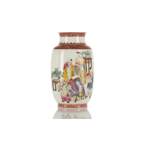 106 - A Chinese eggshell porcelain lampion shape vase, Republic or later, painted with Shou Lao with boy a... 