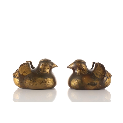 109 - A pair of Japanese patinated bronze byobu screen stands in the form of Mandarin ducks, Probably late... 