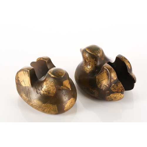 109 - A pair of Japanese patinated bronze byobu screen stands in the form of Mandarin ducks, Probably late... 