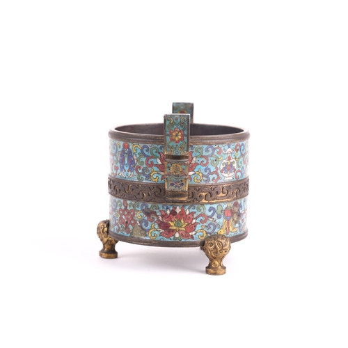 114 - A Chinese cloisonne enamel censer, Qing, 19th century, of cylindrical form, with two bands decorated... 