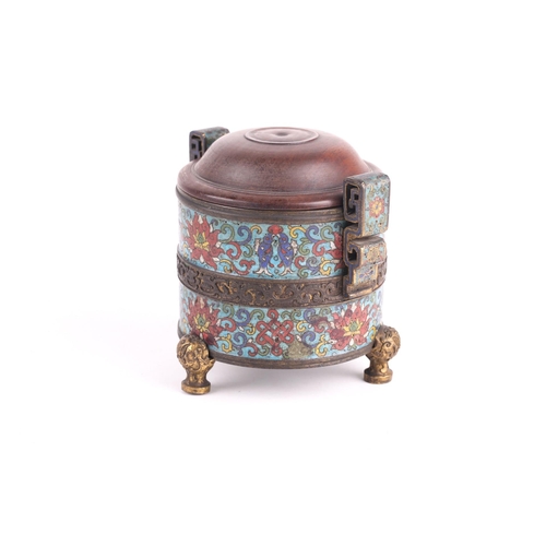 114 - A Chinese cloisonne enamel censer, Qing, 19th century, of cylindrical form, with two bands decorated... 