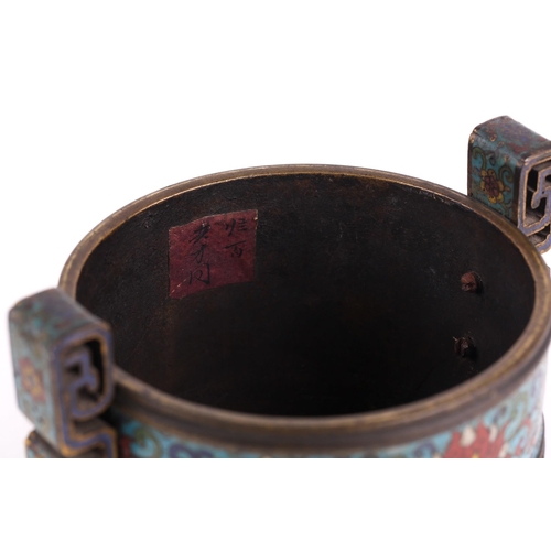 114 - A Chinese cloisonne enamel censer, Qing, 19th century, of cylindrical form, with two bands decorated... 