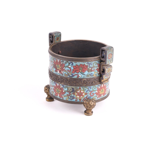 114 - A Chinese cloisonne enamel censer, Qing, 19th century, of cylindrical form, with two bands decorated... 