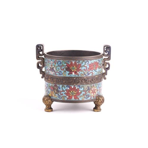 114 - A Chinese cloisonne enamel censer, Qing, 19th century, of cylindrical form, with two bands decorated... 