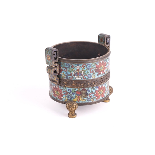 114 - A Chinese cloisonne enamel censer, Qing, 19th century, of cylindrical form, with two bands decorated... 