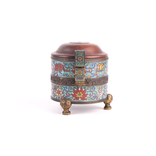 114 - A Chinese cloisonne enamel censer, Qing, 19th century, of cylindrical form, with two bands decorated... 