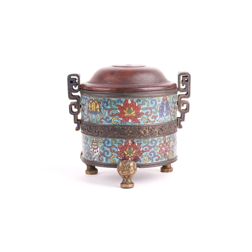 114 - A Chinese cloisonne enamel censer, Qing, 19th century, of cylindrical form, with two bands decorated... 