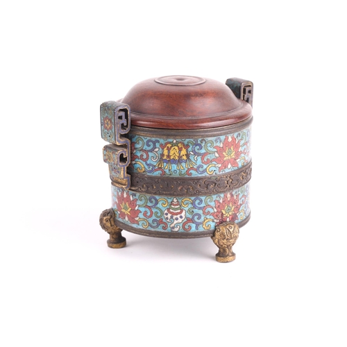 114 - A Chinese cloisonne enamel censer, Qing, 19th century, of cylindrical form, with two bands decorated... 