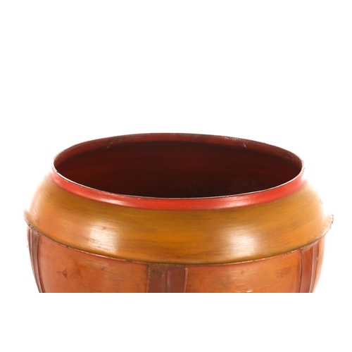 120 - A Burmese Shan region turned wood Votive box of faded red lacquer. 36 cm diameter x 43 cm high