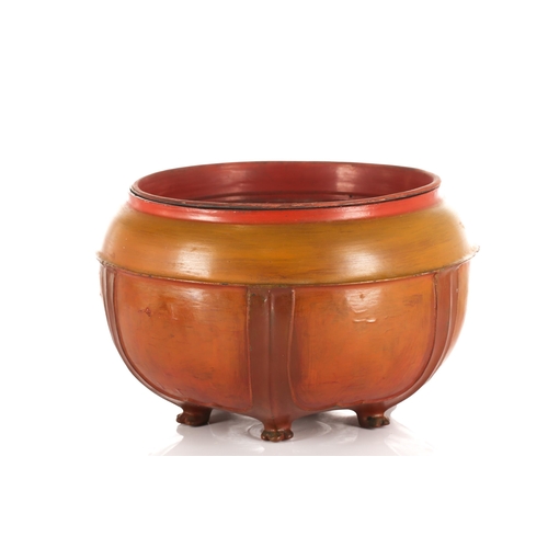 120 - A Burmese Shan region turned wood Votive box of faded red lacquer. 36 cm diameter x 43 cm high