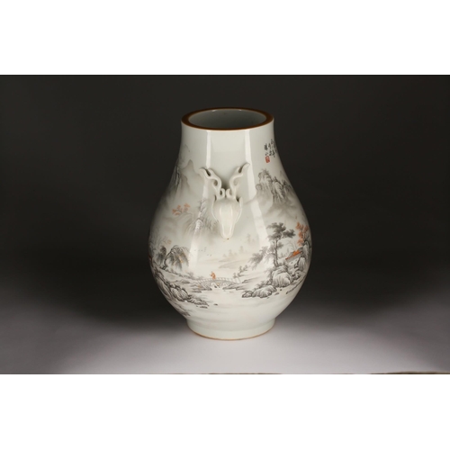 137 - After Wang Xiaoting, a Chinese porcelain Hu shape vase, with applied stag handles, the body painted ... 