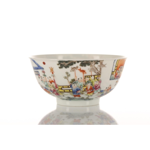 149 - A Chinese porcelain peach festival bowl, the exterior finely painted with a procession of young boys... 