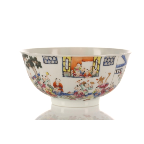 149 - A Chinese porcelain peach festival bowl, the exterior finely painted with a procession of young boys... 