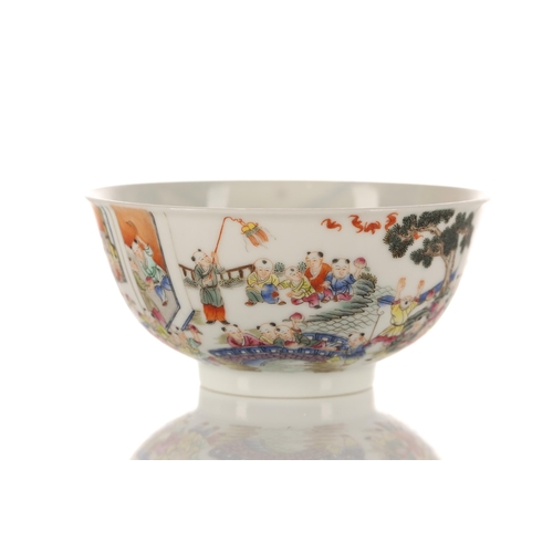 149 - A Chinese porcelain peach festival bowl, the exterior finely painted with a procession of young boys... 