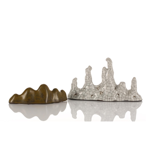 153 - Two Chinese mountain form brush rests, with crackle and tea dust glazes, 11cm & 14.5cm