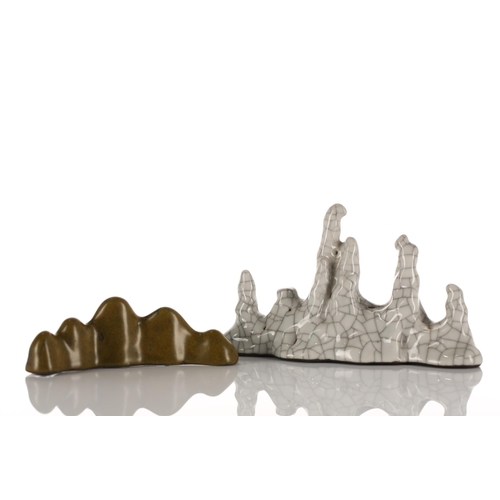 153 - Two Chinese mountain form brush rests, with crackle and tea dust glazes, 11cm & 14.5cm