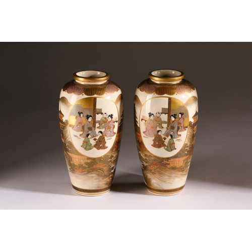 158 - A pair of Japanese mirror image Satsuma vases, Meiji period, the shoulder painted with a geometric b... 