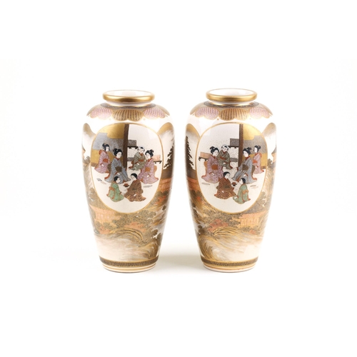 158 - A pair of Japanese mirror image Satsuma vases, Meiji period, the shoulder painted with a geometric b... 