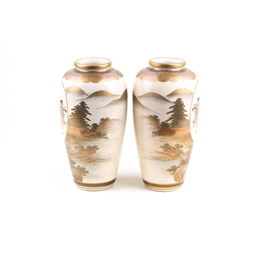 158 - A pair of Japanese mirror image Satsuma vases, Meiji period, the shoulder painted with a geometric b... 