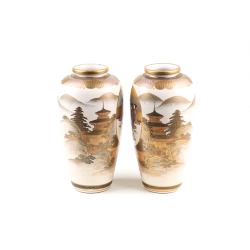 158 - A pair of Japanese mirror image Satsuma vases, Meiji period, the shoulder painted with a geometric b... 