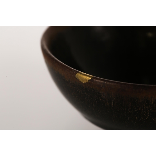 160 - Two Chinese Jian ware 'Hares fur' tea bowls, Song & later, the tallest with two kintsugi rim chip re... 