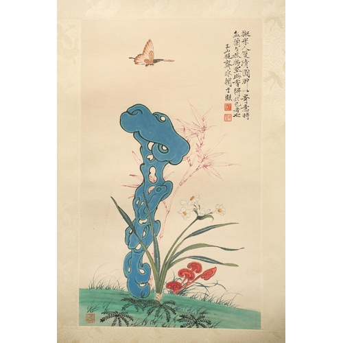 164 - A Chinese watercolour hanging scroll, 20th century, painted with a butterfly above a blue viewing st... 